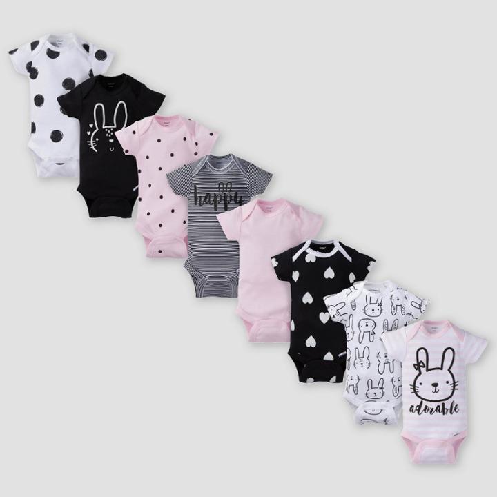 Gerber Baby Girls' 8pk Bunny Short Sleeve Onesies Bodysuit - Pink/black Newborn