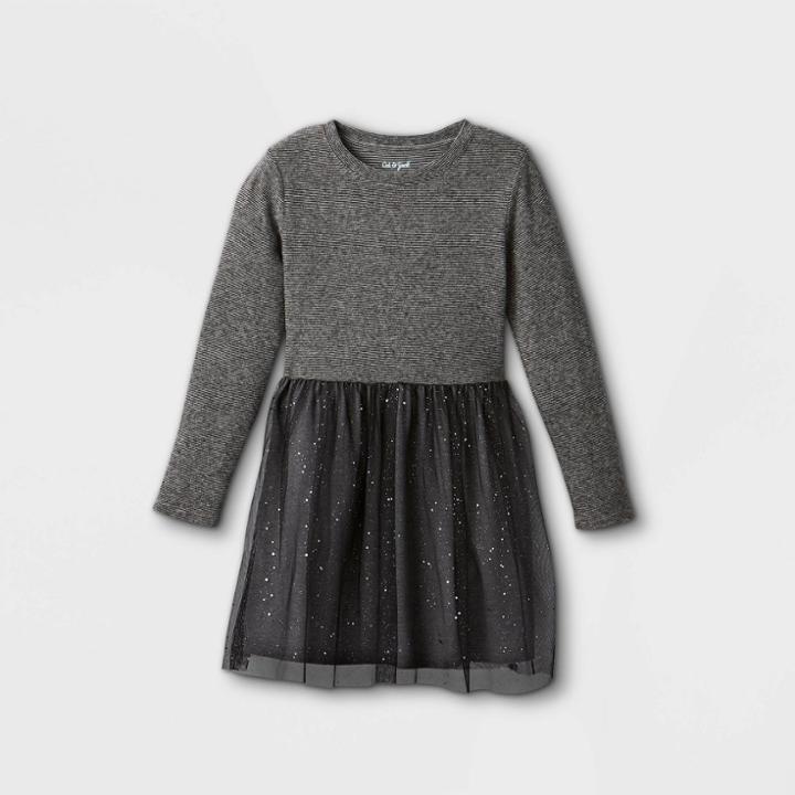 Girls' Long Sleeve Printed Cozy Tulle Dress - Cat & Jack Black