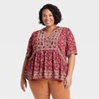 Women's Plus Size Short Sleeve Embroidered Top - Knox Rose Red Floral