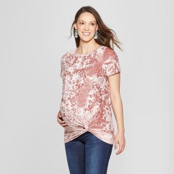 Maternity Short Sleeve Knot Front Velvet Top - Macherie - Mauve (pink)