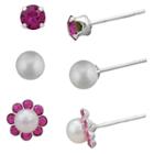 Distributed By Target Women's Round Flower With Pearl Center And Round Pearl Stud Set In Sterling