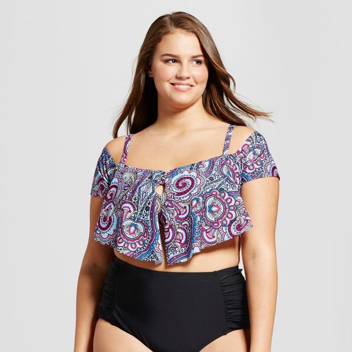 Surfside Women's Plus Size Off The Shoulder Flounce Bikini Top - Blue Paisley