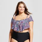 Surfside Women's Plus Size Off The Shoulder Flounce Bikini Top - Blue Paisley