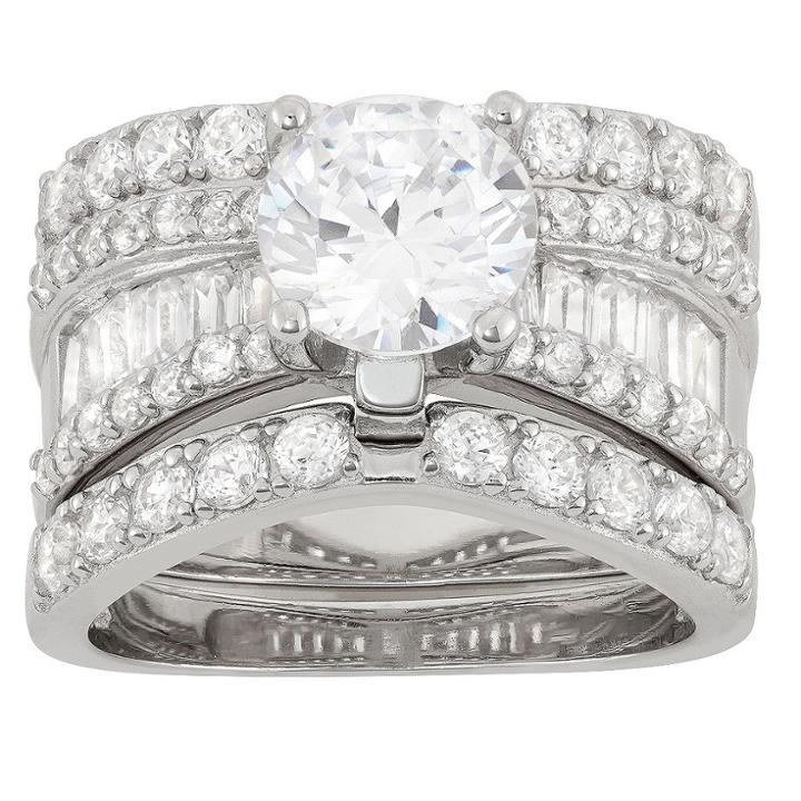 Target 3.91 Ct. T.w. 8mm Round-cut Cubic Zirconia With Baguette Side Stones 3-piece Ring Set In Sterling Silver -