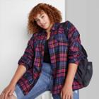 Women's Plus Size Raglan Long Sleeve Button-down Hi-low Flannel Shirt - Wild Fable Magenta Plaid