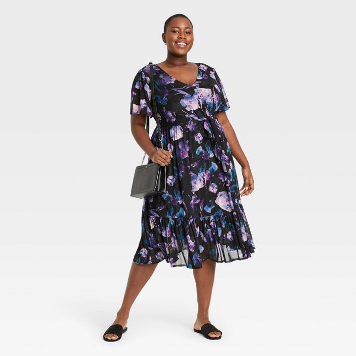 Women's Plus Size Floral Print Flutter Sleeve Mesh Dress - Ava & Viv Purple