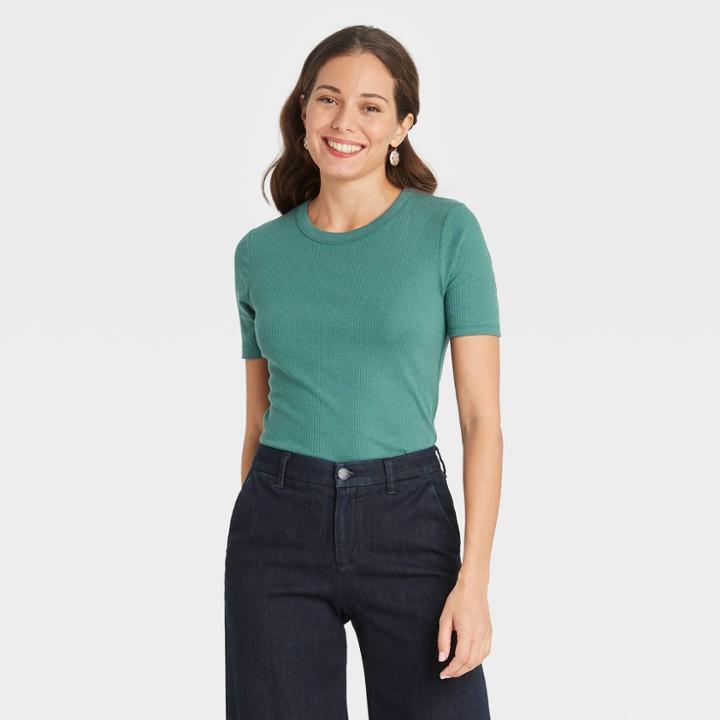 Women's Short Sleeve Rib T-shirt - A New Day Light Green