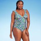 Women's Ruffle Shoulder Ruched Full Coverage One Piece Swimsuit - Kona Sol Multi L,