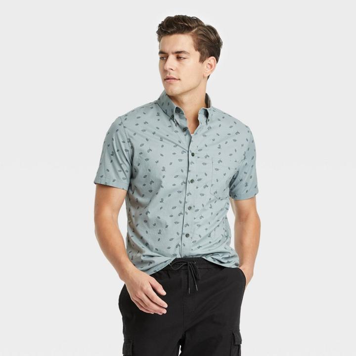 Men's Printed Slim Fit Stretch Poplin Short Sleeve Button-down Shirt - Goodfellow & Co Vine