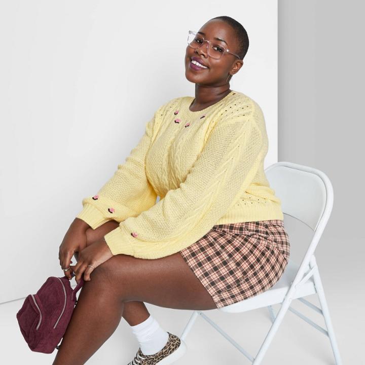 Women's Plus Size Floral Print Crewneck Embroidered Cropped Cable Knit Pullover Sweater - Wild Fable Yellow