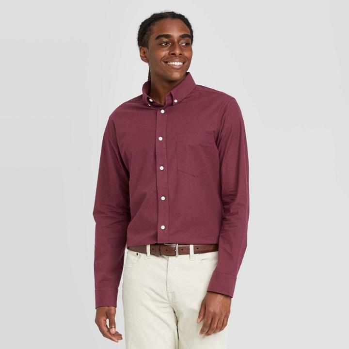 Men's Slim Fit Long Sleeve Poplin Button-down Shirt - Goodfellow & Co Red