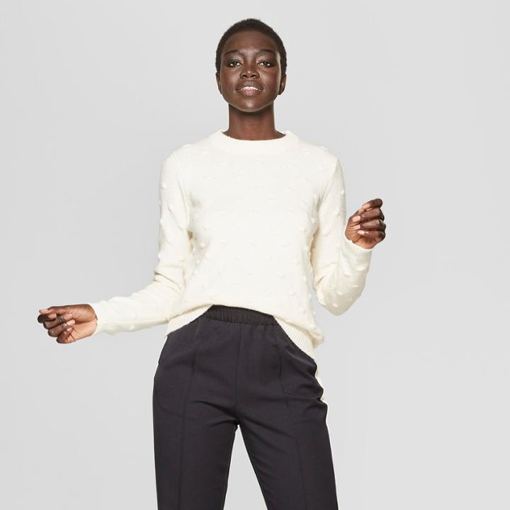 Women's Long Sleeve Popcorn Stitch Crew - Who What Wear Cream (ivory)