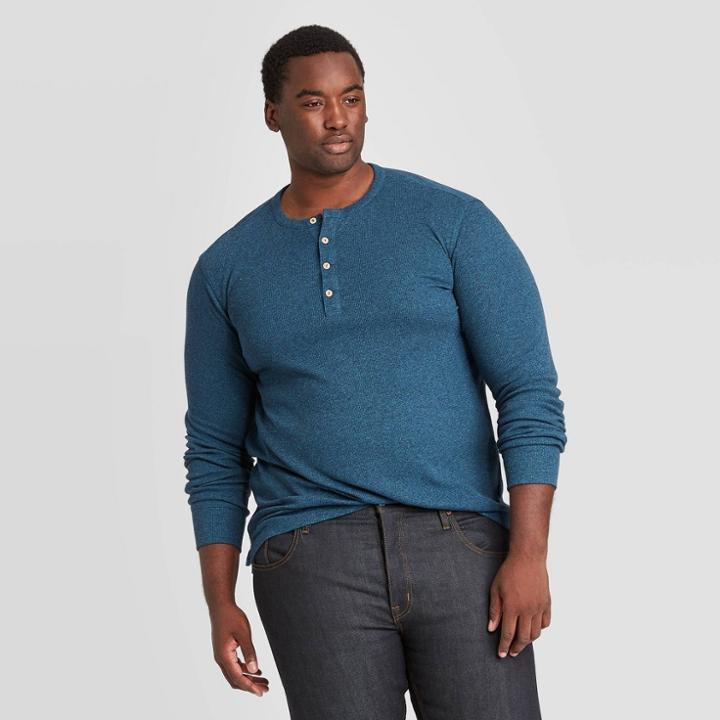 Men's Tall Standard Fit Textured Long Sleeve Henley T-shirt - Goodfellow & Co Galaxy Blue