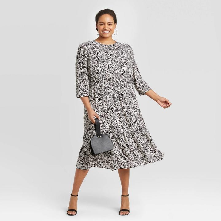 Women's Plus Size Animal Print Long Sleeve Crewneck Tiered Midi Dress - A New Day Black 1x, Women's,