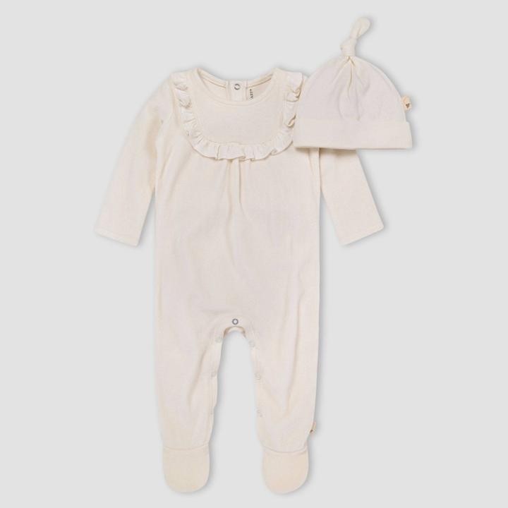 Burt's Bees Baby Baby Girls' Velour Ruffle Jumpsuit & Knot Top Hat Set - Off-white Newborn