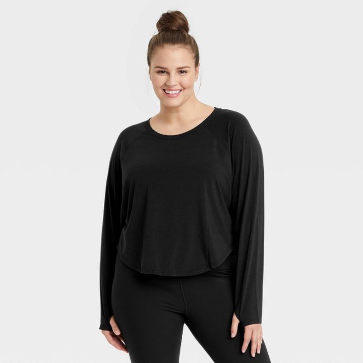 Women's Plus Size Long Sleeve Crop Top - All In Motion Black