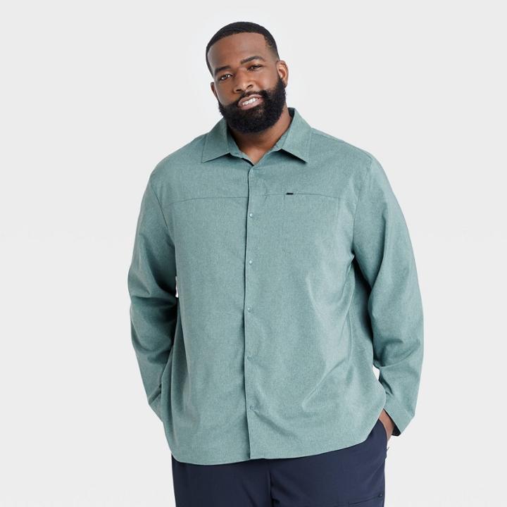 Men's Big & Tall Long Sleeve Button-up T-shirt - All In Motion Emerald Green