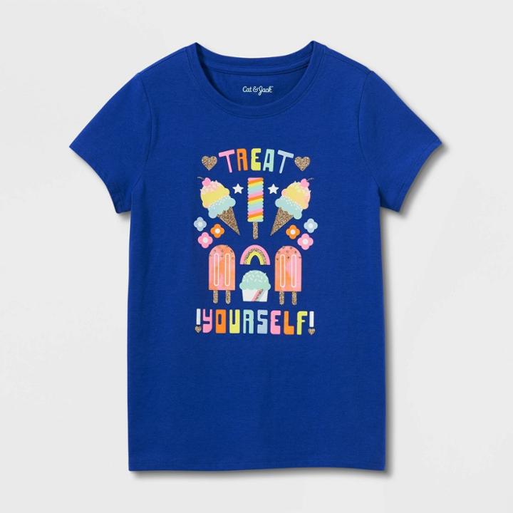 Girls' 'treat Yourself' Short Sleeve Graphic T-shirt - Cat & Jack Royal Blue