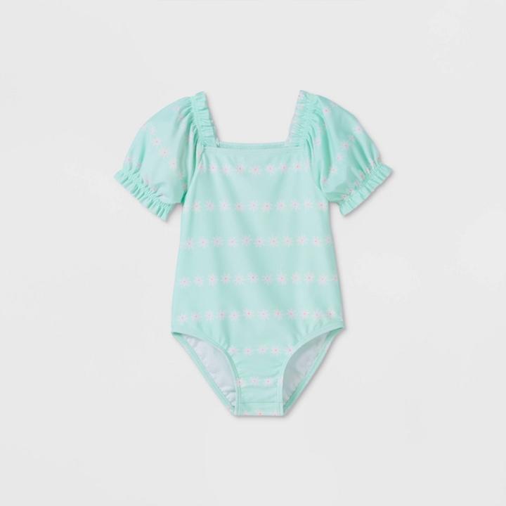 Toddler Girls' Daisy Print Puff Sleeve One Piece Swimsuit - Cat & Jack Turquoise Blue