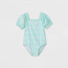 Toddler Girls' Daisy Print Puff Sleeve One Piece Swimsuit - Cat & Jack Turquoise Blue