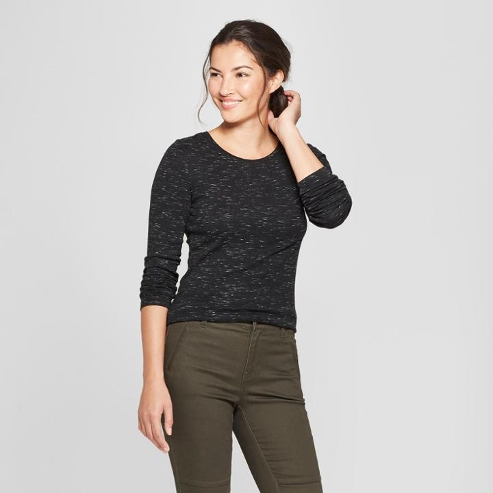 Women's Fitted Long Sleeve Crew T-shirt - A New Day Heather Black