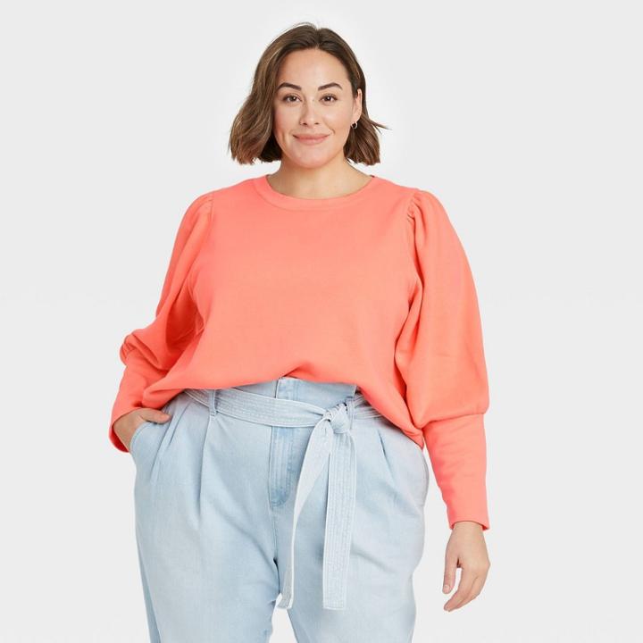 Women's Plus Size High Cuff French Terry Sweatshirt - A New Day Pastel Peach 1x, Pastel Pink