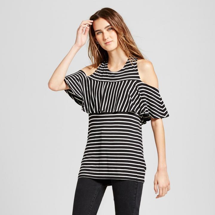 Women's Striped Cold Shoulder Ruffle Top - Alison Andrews Black/white L,