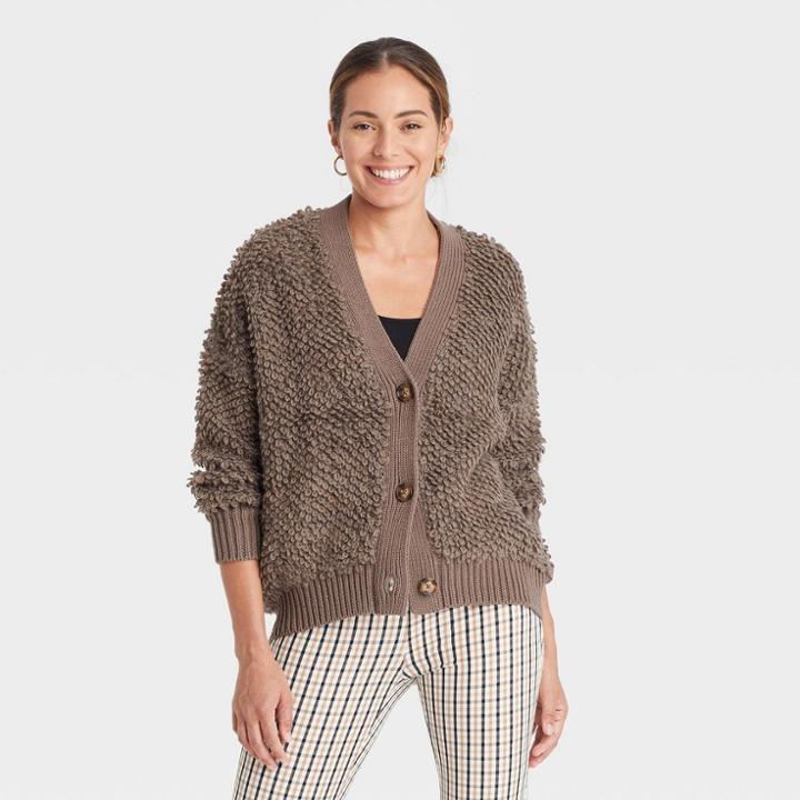 Women's Loop Stitch Cardigan - A New Day Brown Jacquard