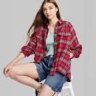 Women's Raglan Long Sleeve Button-down Hi-low Flannel Shirt - Wild Fable Red Plaid