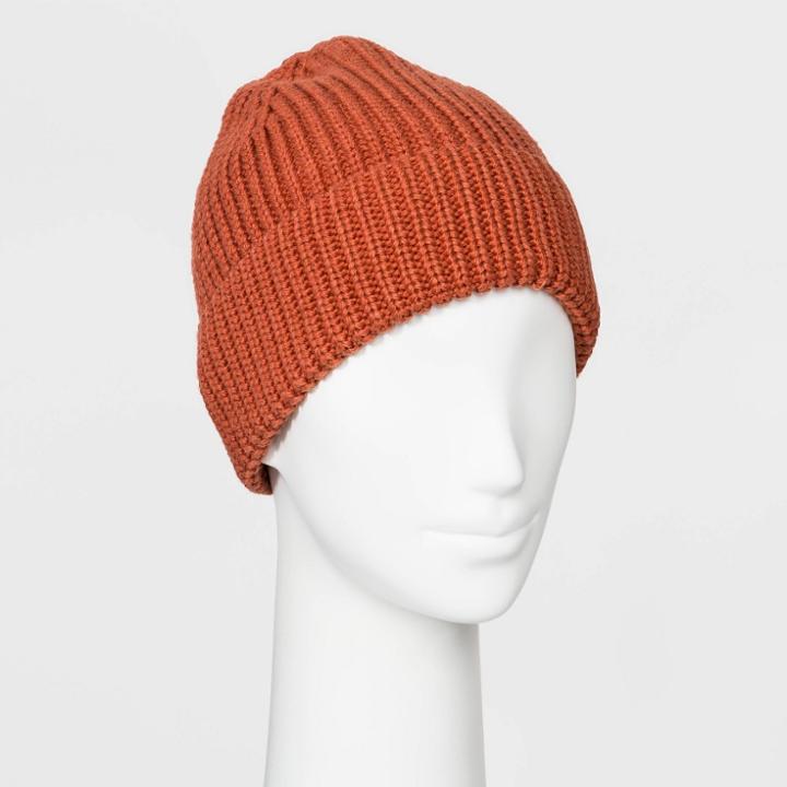 Women's Shaker Stitch Knit Cuff Beanie - A New Day Orange One Size, Foxtail Orange