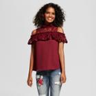 Women's Cold Shoulder Lace Ruffle Blouse - Layered With Love Burgundy