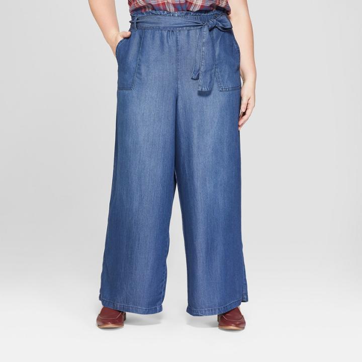 Women's Plus Size Tie Waist Wide Leg Pants - Universal Thread Medium Wash X, Blue