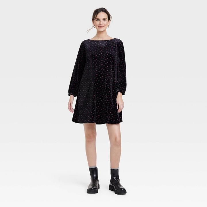 The Nines By Hatch Long Sleeve Velvet Swing Maternity Dress Black Floral