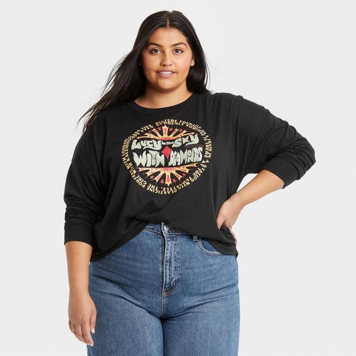 Fortune Fashions Women's Plus Size Lucy In The Sky Long Sleeve Graphic T-shirt - Black