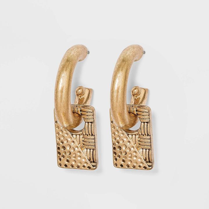 Hammered And Cross Hatch Texture Charm Hoop Earrings - Universal Thread Worn Gold