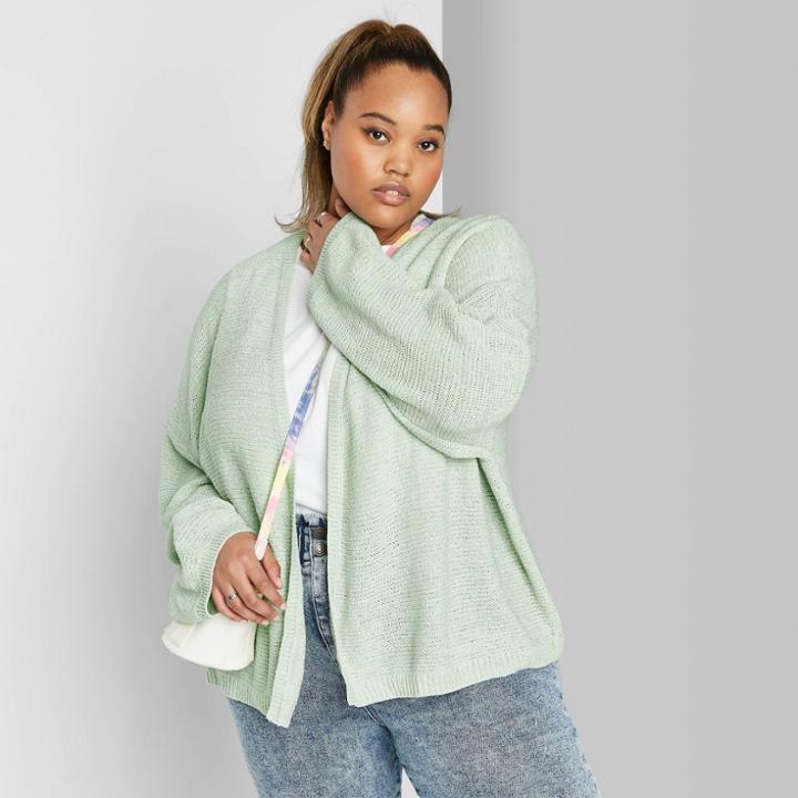 Women's Plus Size Long Sleeve Open Neck Lightweight Cardigan - Wild Fable Green 1x, Women's,