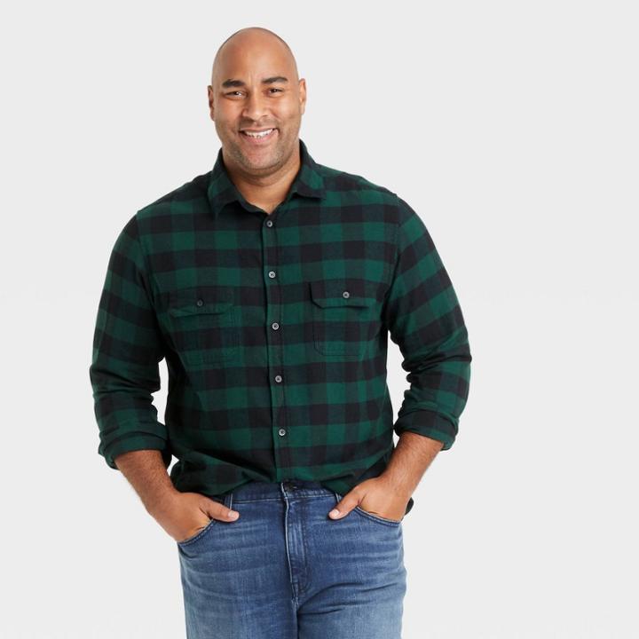 Men's Tall Plaid Standard Fit Long Sleeve Button-down Shirt - Goodfellow & Co Green/plaid
