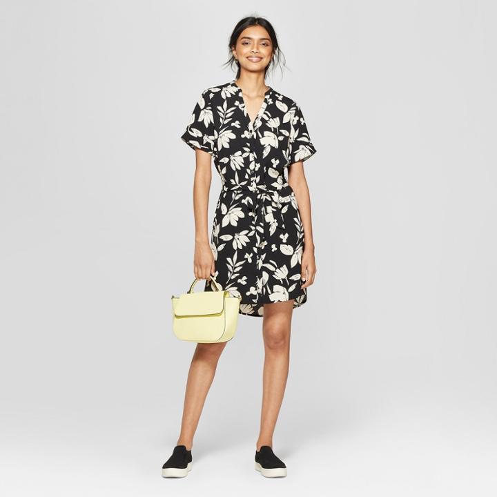 Women's Floral Print Short Sleeve Crepe Shirtdress - A New Day Black/cream