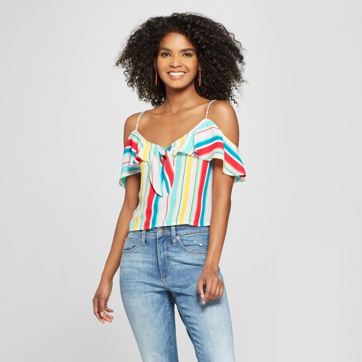 Women's Striped Cold Shoulder Tie Front Top - Xoxo (juniors') White/blue/yellow Xl,