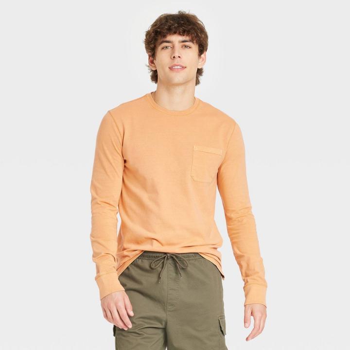 Men's Long Sleeve Garment Dyed Pocket T-shirt - Goodfellow & Co Gold