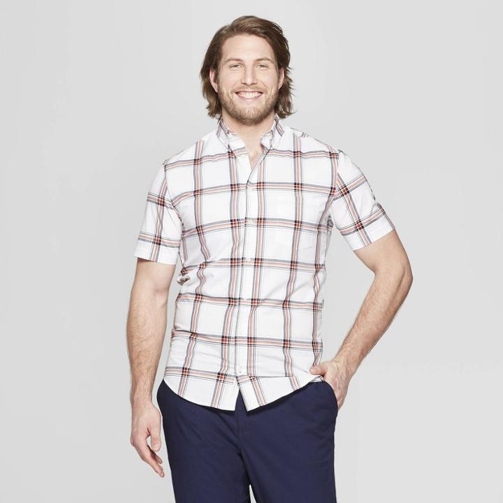 Men's Tall Checkered Standard Fit Short Sleeve Poplin Button-down Shirt - Goodfellow & Co White
