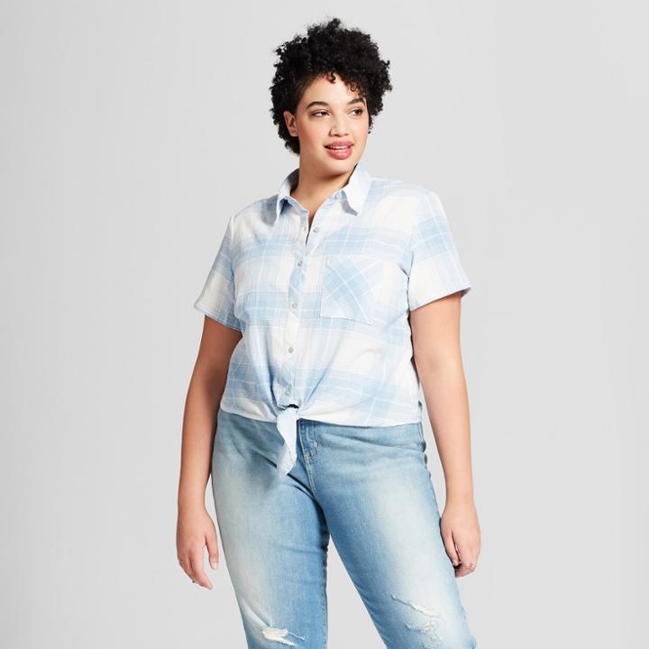 Women's Plus Size Short Sleeve Plaid Tie Front Button-down - Universal Thread Blue X