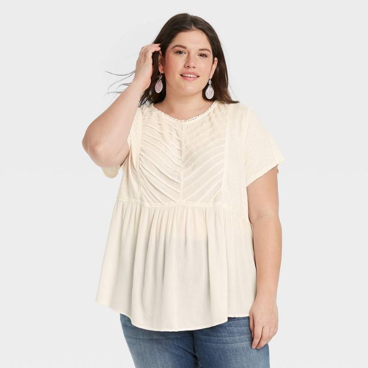 Women's Plus Size Short Sleeve Pleat Detail Knit Top - Knox Rose White
