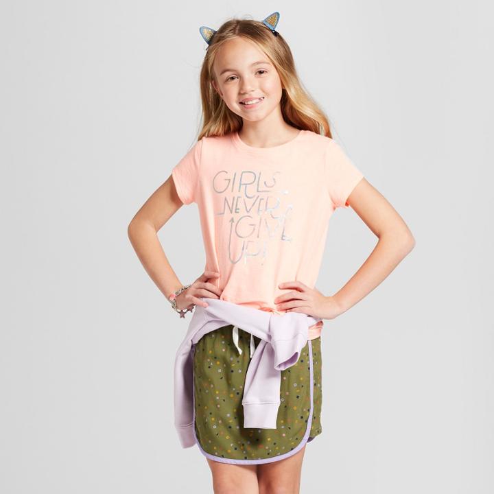 Petitegirls' Short Sleeve Girls Never Give Up Graphic T-shirt - Cat & Jack Peach Xl, Girl's, Orange