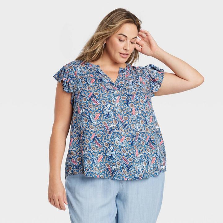 Women's Plus Size Ruffle Short Sleeve Button-front Top - Knox Rose Light Blue Floral