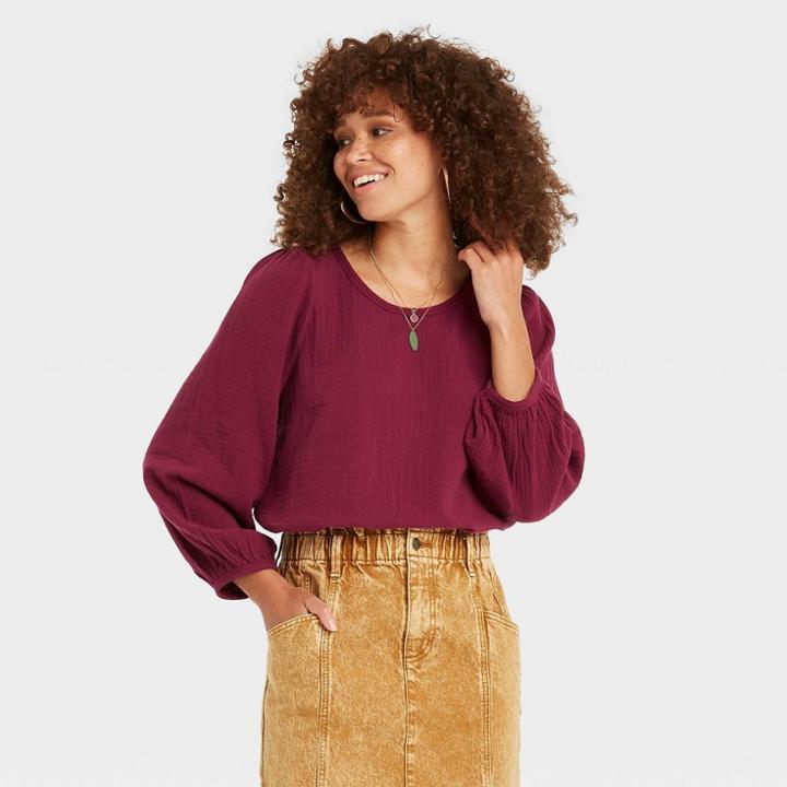 Women's Balloon 3/4 Sleeve Gauze Blouse - Universal Thread Burgundy