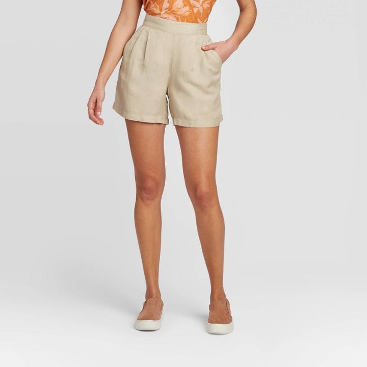 Women's Mid-rise Linen Pull-on Shorts - A New Day Tan