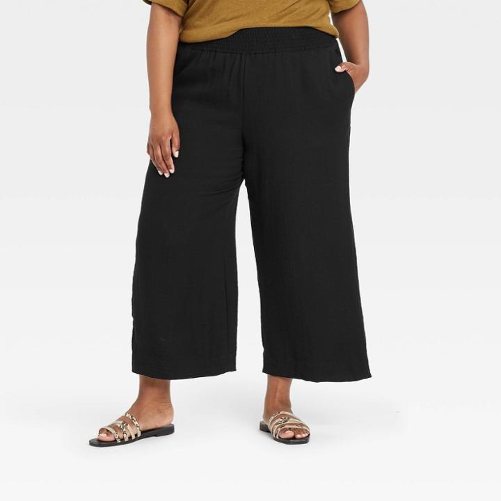 Women's Plus Size High-rise Cropped Wide Leg Pull-on Pants - A New Day Black