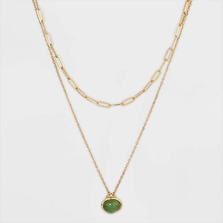 Layered Gold Dipped With Semi-precious Aventurine Quartz Chain Necklace - A New Day
