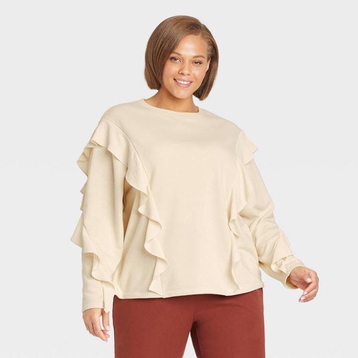 Women's Plus Size Ruffle Sweatshirt - A New Day Beige